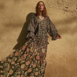 Rococo Sand Hana Printed Kaftan Maxi Dress Black Metallic Thread Size XS NWT